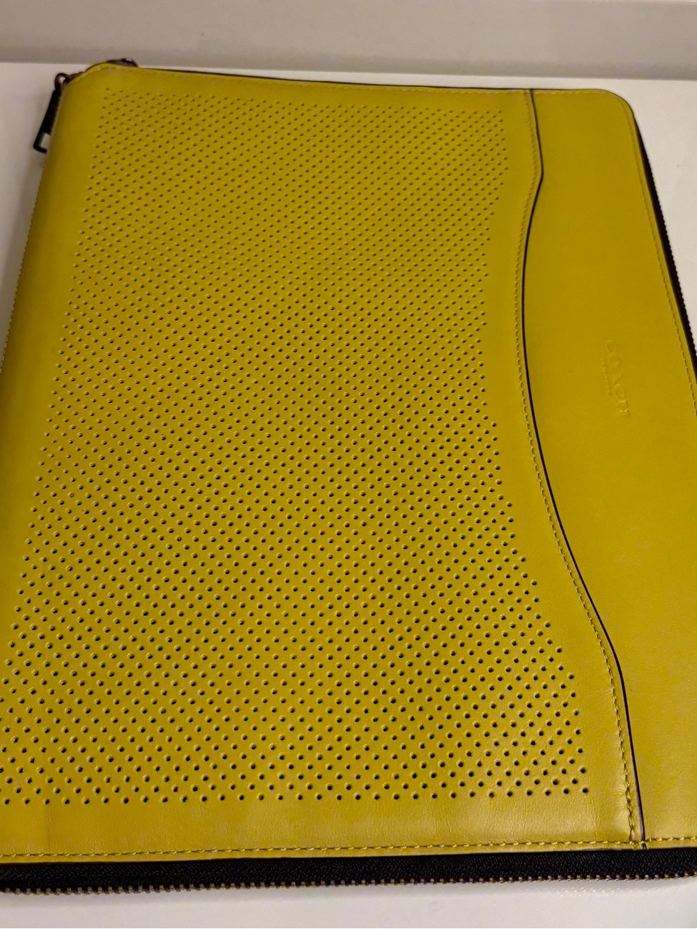 Coach Chartreuse Perforated Leather Zip Around Tablet Tech Folio
